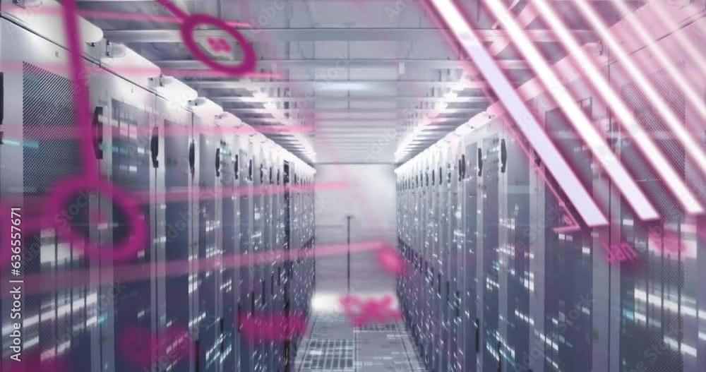 Poster animation of graphs, globe and computer language over bars on data server racks in server room