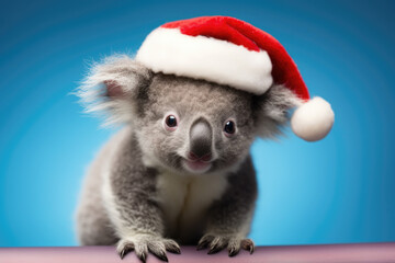 Adorable Koala baby wearing a Christmas hat. Posing on blue background, funny looking. Celebrating Christmas concept.