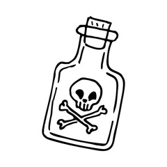 Poison bottle in doodle style icon on white background.