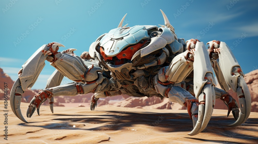 Poster a large robot like creature standing in a desert area with mountains in the background. generative a
