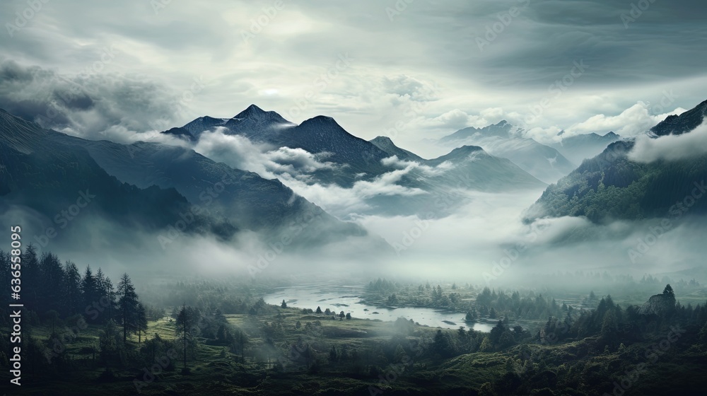 Poster a view of a mountain range with a lake in the foreground. generative ai