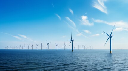 Panoramic view of wind farm or wind park, with high wind turbines for generation electricity with copy space. Green energy concept. 