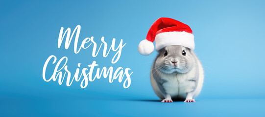 Charming chinchilla wearing a Christmas hat. Posing on blue background, funny looking. Celebrating Christmas concept with Merry Christmas text