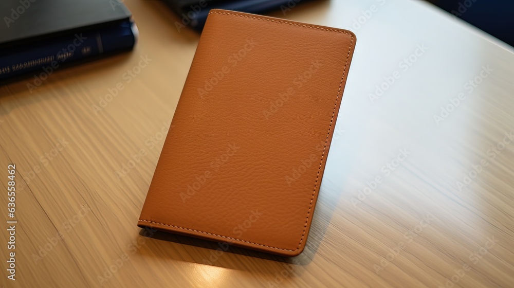 Poster a wallet sitting on a table next to a cell phone. generative ai