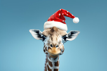 Giraffe is wearing a Christmas hat. Posing on blue background, funny looking. Celebrating Christmas concept
