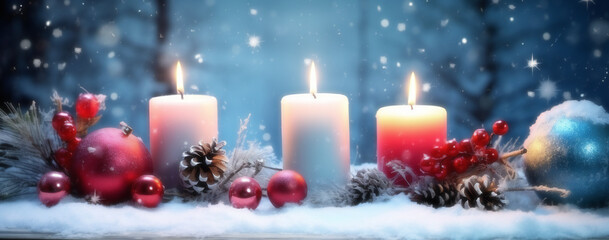  wintry background featuring three lit candles surrounded by holiday ornaments