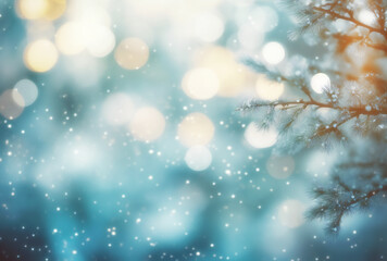 Fototapeta na wymiar Christmas tree against a backdrop of blue wintery bokeh.