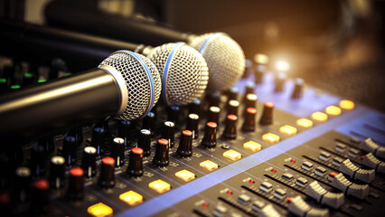 Close-up microphone and sound mixer in studio for sound record control system and audio equipment and music instrument