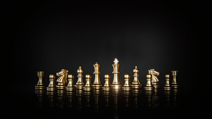 King chess pieces with teamwork concepts of leadership or wining challenge strategy and battle fighting of business team player and risk management or human resource or strategic planning.
