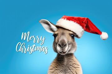 Kangaroo wearing a Christmas hat. Posing on blue background, funny looking. Celebrating Christmas concept with Merry Christmas text