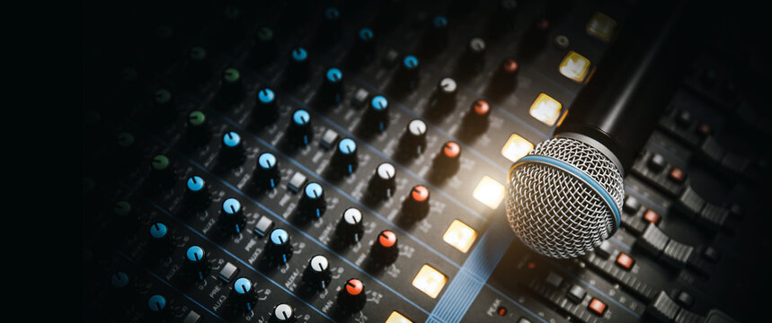Close-up microphone and sound mixer in studio for sound record control system and audio equipment and music instrument