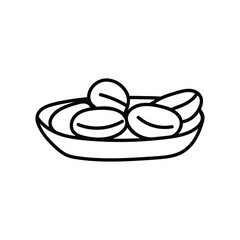 Doodle plate illustration with food inside it on isolated white background in vector. Plate with food hand drawn icon