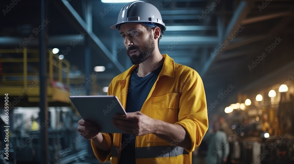 Poster the worker is working in a factory and tack attention to tablet