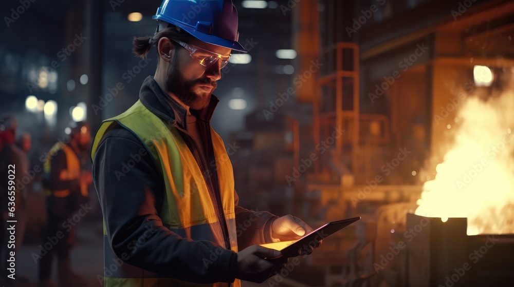 Poster the worker is working in a factory and tack attention to a tablet