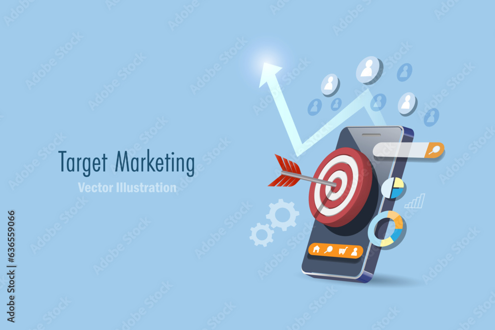Poster success target marketing with right target customer and growth graph. dart hit on bullseye on smartp