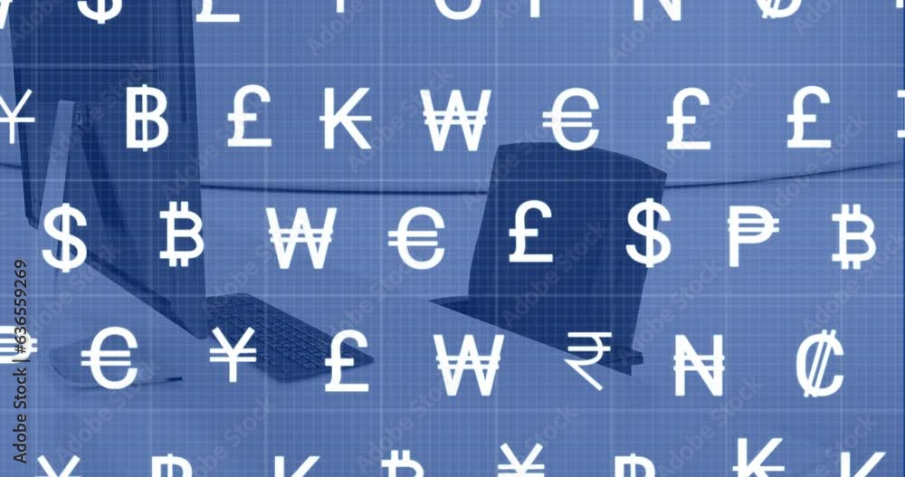 Poster animation of multiple white currency icons over unoccupied chair and computer in office