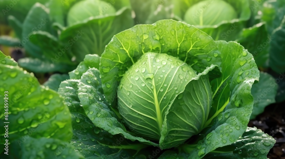 Poster background cabbage in the garden. ripe harvest. thanksgiving day created with generative ai technolo