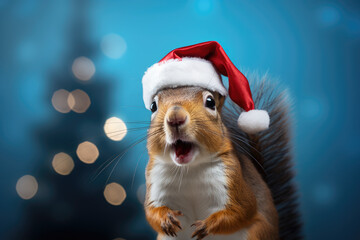 Squirrel is wearing a Christmas hat. Posing on blue background, funny looking. Celebrating Christmas concept.