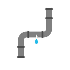 Broken metal pipe bend with leaking water, flat style vector illustration. Part of the pipeline