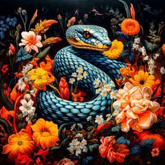 a blue snake surrounded by flowers