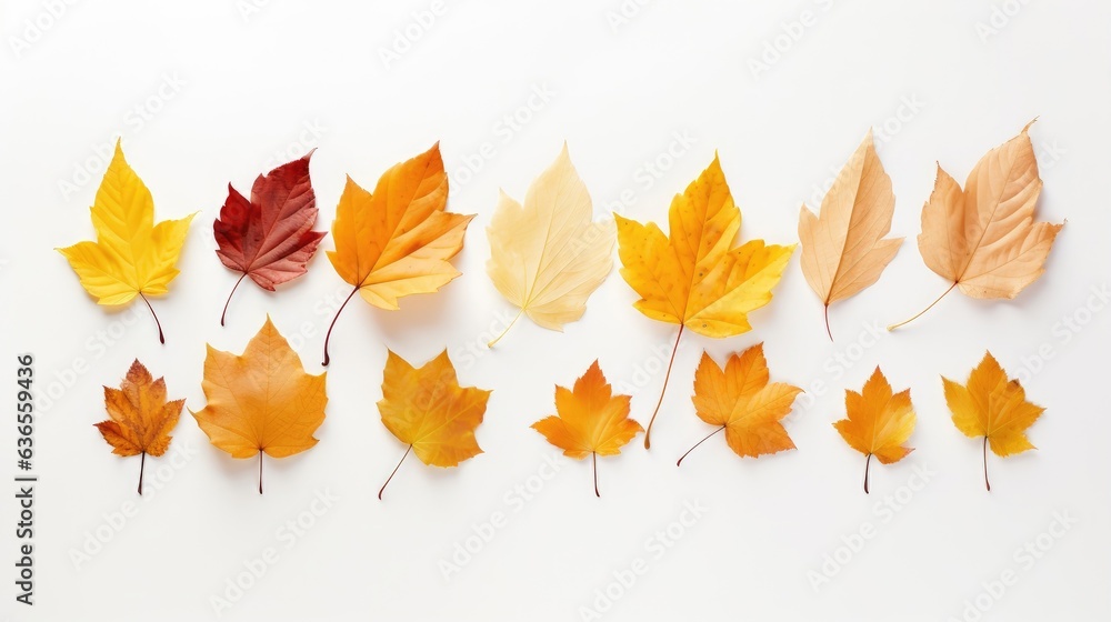 Poster isolated leaves. collection of multicolored fallen autumn leaves isolated on white background create