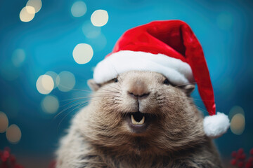 Wombat is wearing a Christmas hat. Posing on blue background, funny looking. Celebrating Christmas concept