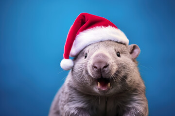 Wombat is wearing a Christmas hat. Posing on blue background, funny looking. Celebrating Christmas concept
