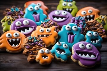 Cute Halloween monsters cookies on the table. AI Generated.