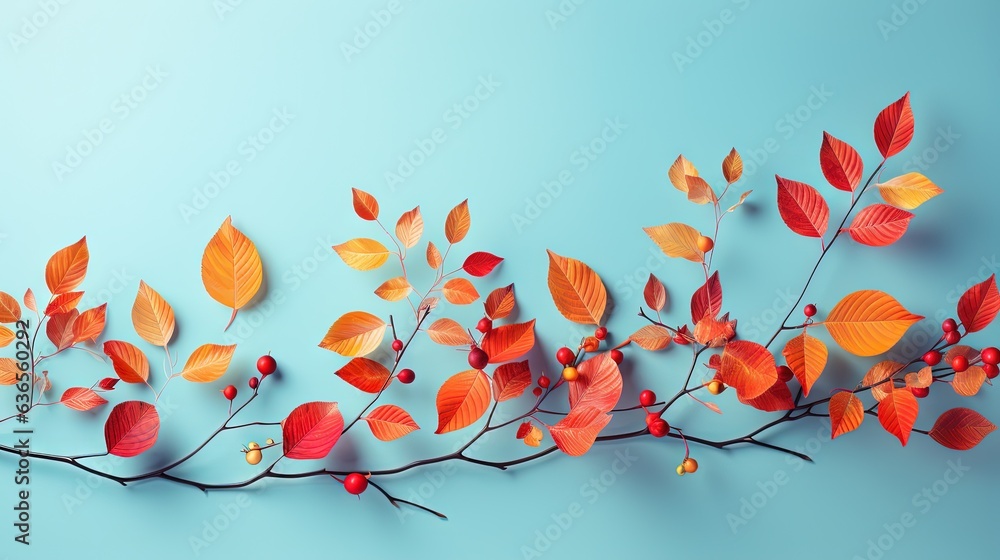 Poster a branch with red leaves on a blue background with red berries. generative ai