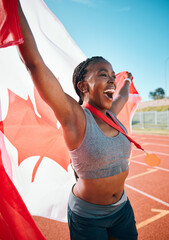 Canada, winner and black woman athlete with flag for victory celebration in sports competition with...