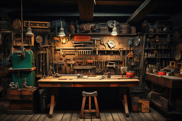 tool workshop scene hanging on wall in workshop, shelving with table and wall, vintage garage style - obrazy, fototapety, plakaty
