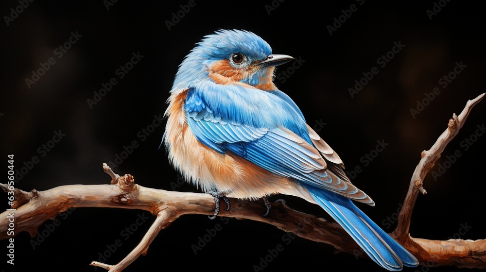 Poster a blue bird sitting on top of a branch of a tree. generative ai