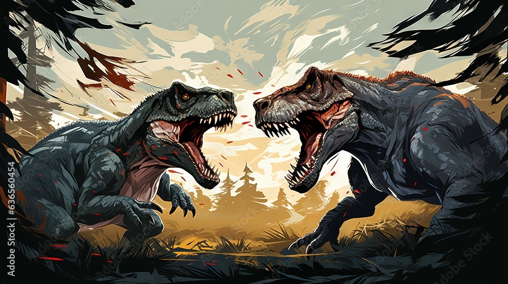 Aufkleber two dinosaurs fighting in a forest with trees in the background. generative ai