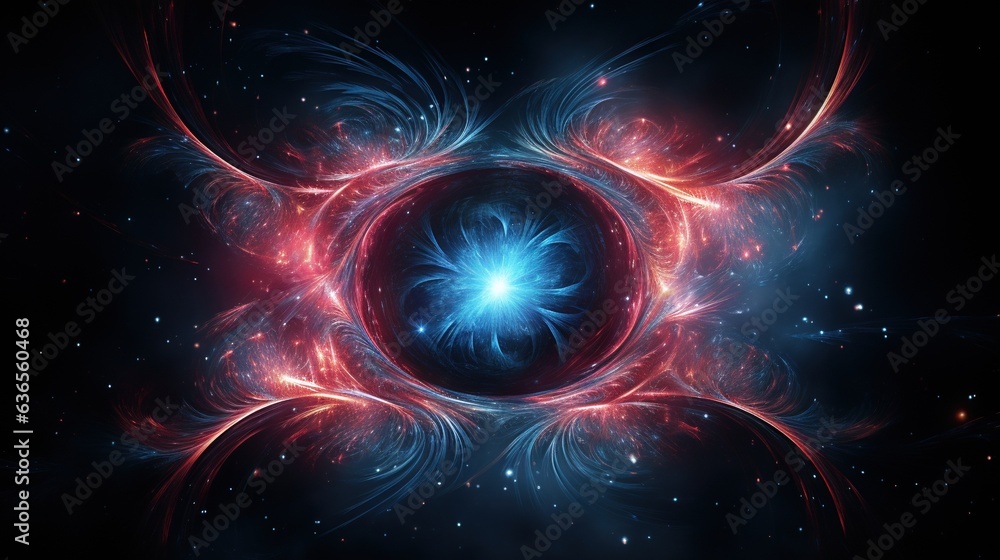 Poster a blue and red fractal design in the middle of a black background. generative ai