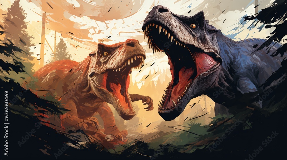 Poster two dinosaurs fighting in the woods with each other with a full moon in the background. generative a