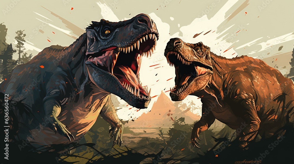 Aufkleber two dinosaurs fighting each other in a field of grass and trees. generative ai