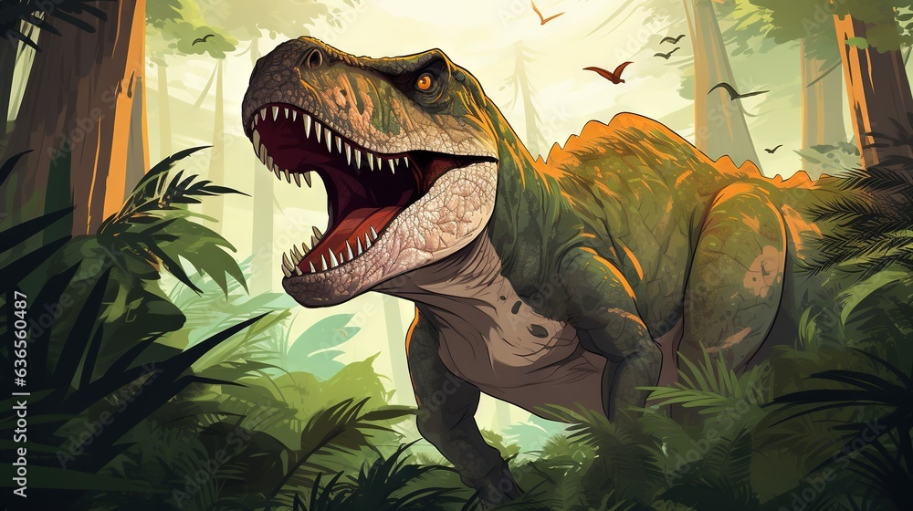 Poster a dinosaur in a forest with a bird in the background. generative ai