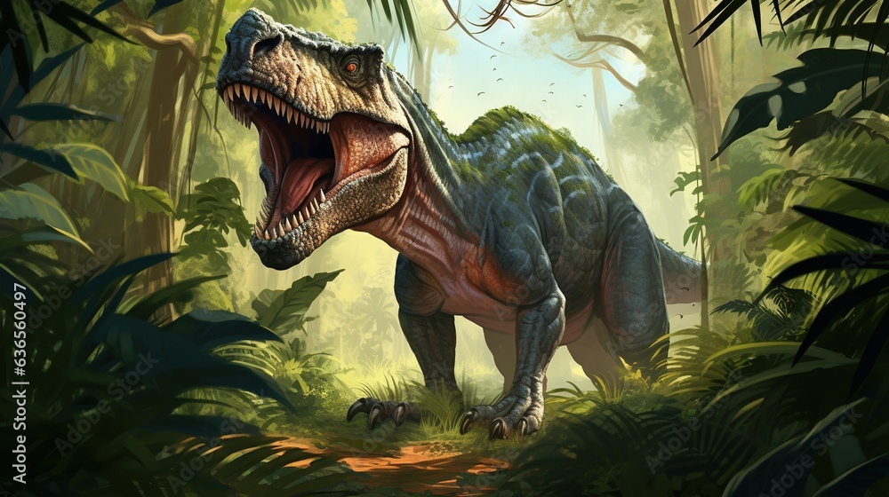 Poster a dinosaur in the jungle with its mouth open and mouth wide open. generative ai