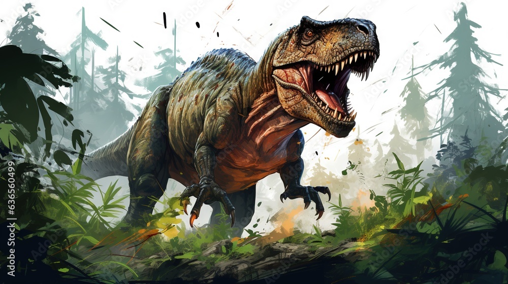 Aufkleber a dinosaur with it's mouth open in a forest. generative ai