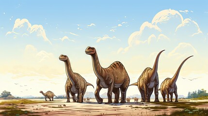  a group of dinosaurs walking across a dirt field next to a forest.  generative ai
