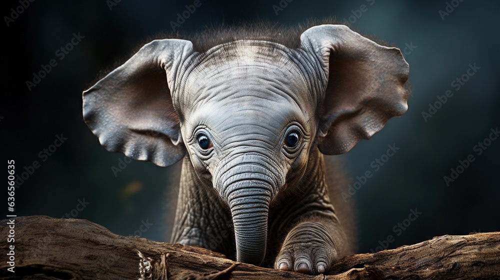 Poster a baby elephant standing on top of a tree branch in front of a dark background. generative ai