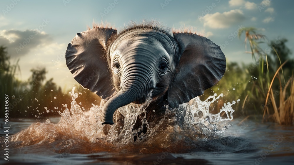 Poster an elephant splashing in a body of water with trees in the background. generative ai