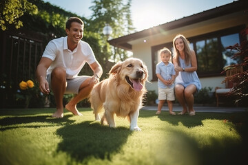 Smiling father, mother and son daughters girl boy pet and play having fun in a gorgeous suburban backyard.