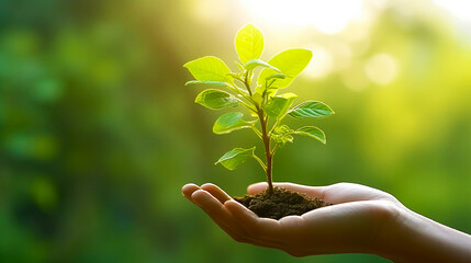 Hand holding young plant on green nature background. Concept eco earth day. Banner. Generative AI	
