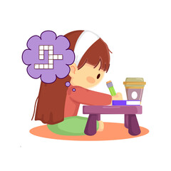 Cute little girl filling out a crossword puzzle while enjoying coffee