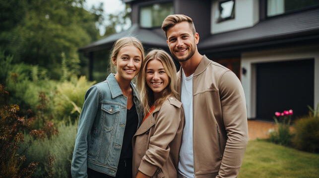 Portrait of a beautiful smiling family outside their new house. This picture is suitable for family, father, mother and home