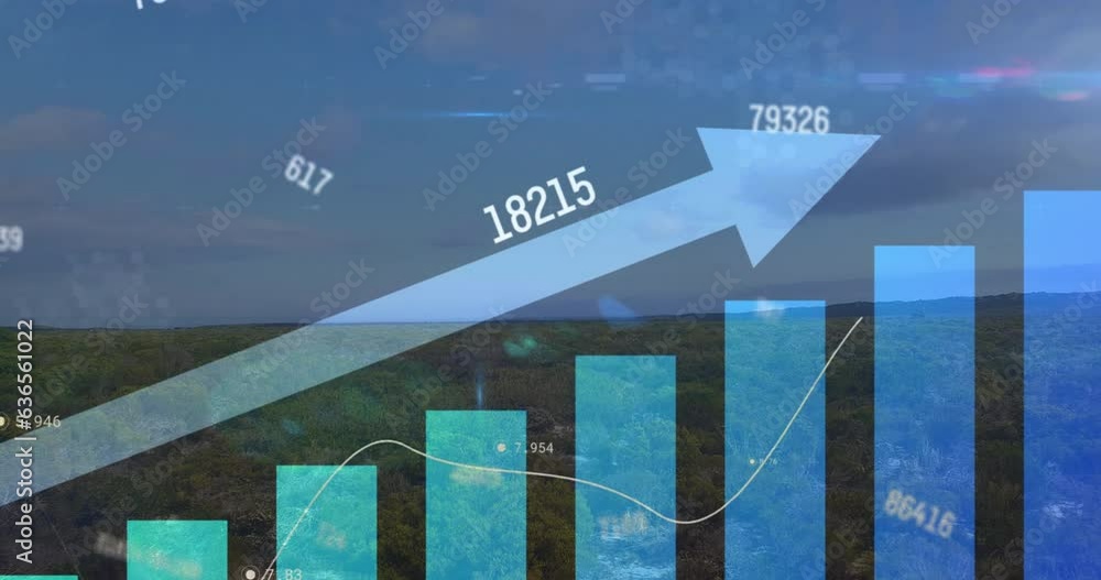 Poster animation of arrow on bar graph and changing numbers over green landscape against cloudy sky