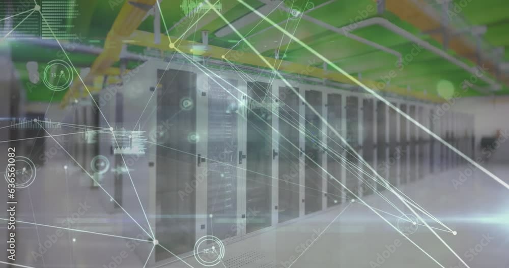 Sticker Animation of connected dots with graph icons over data server racks in server room