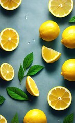 there are many lemons and leaves on a table with water