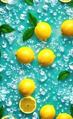 there are many lemons and leaves on a blue surface, there are many lemons and leaves on a blue surface.